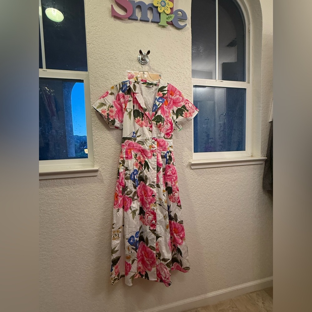Hermoza Blooming In Breeze  Floral A-Line & Waist Defining Cotton Dress S-Small - Picture 3 of 16